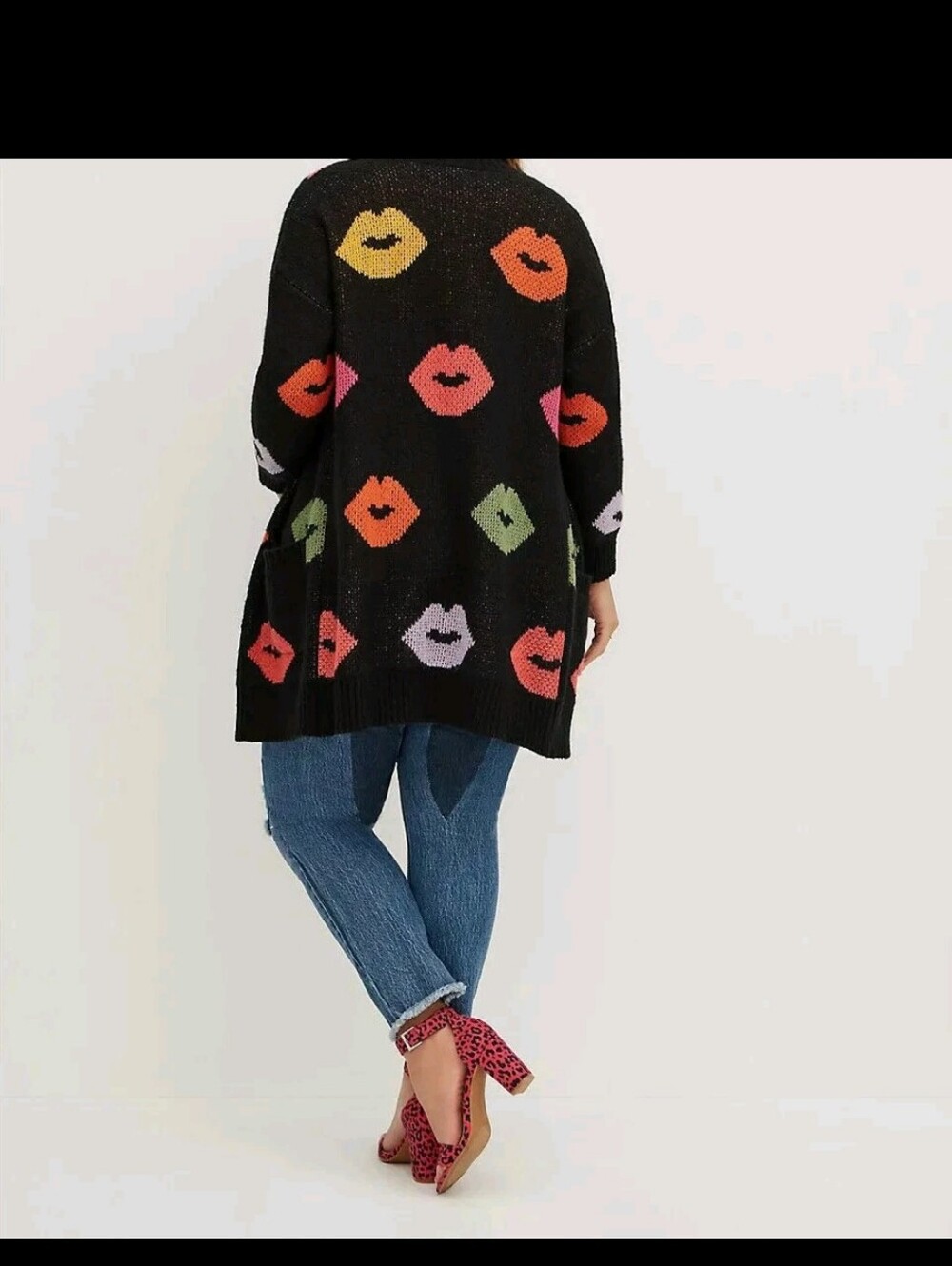 Torrid 1x Torrid Dropped Shoulder Open Cardigan Colorful Lips Print - Picture 2 of 5
